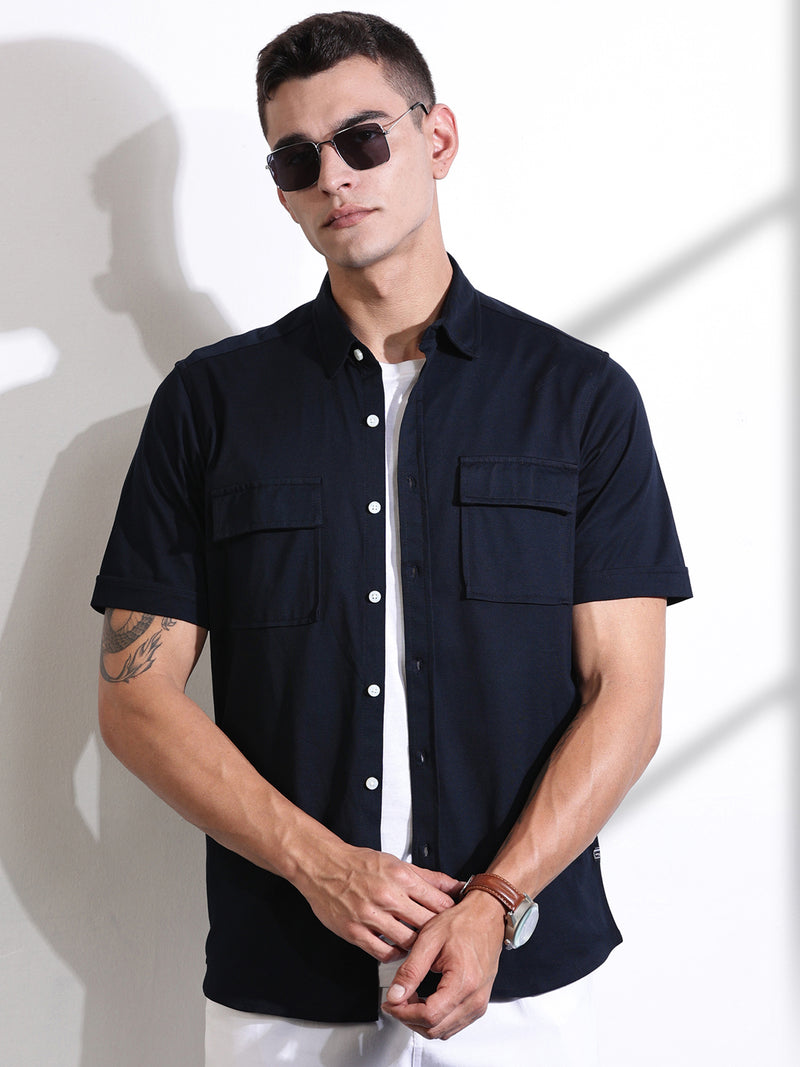 Thomas Scott Men Black Slim Fit Short Sleeve Solid Cotton Knitted Shirt
