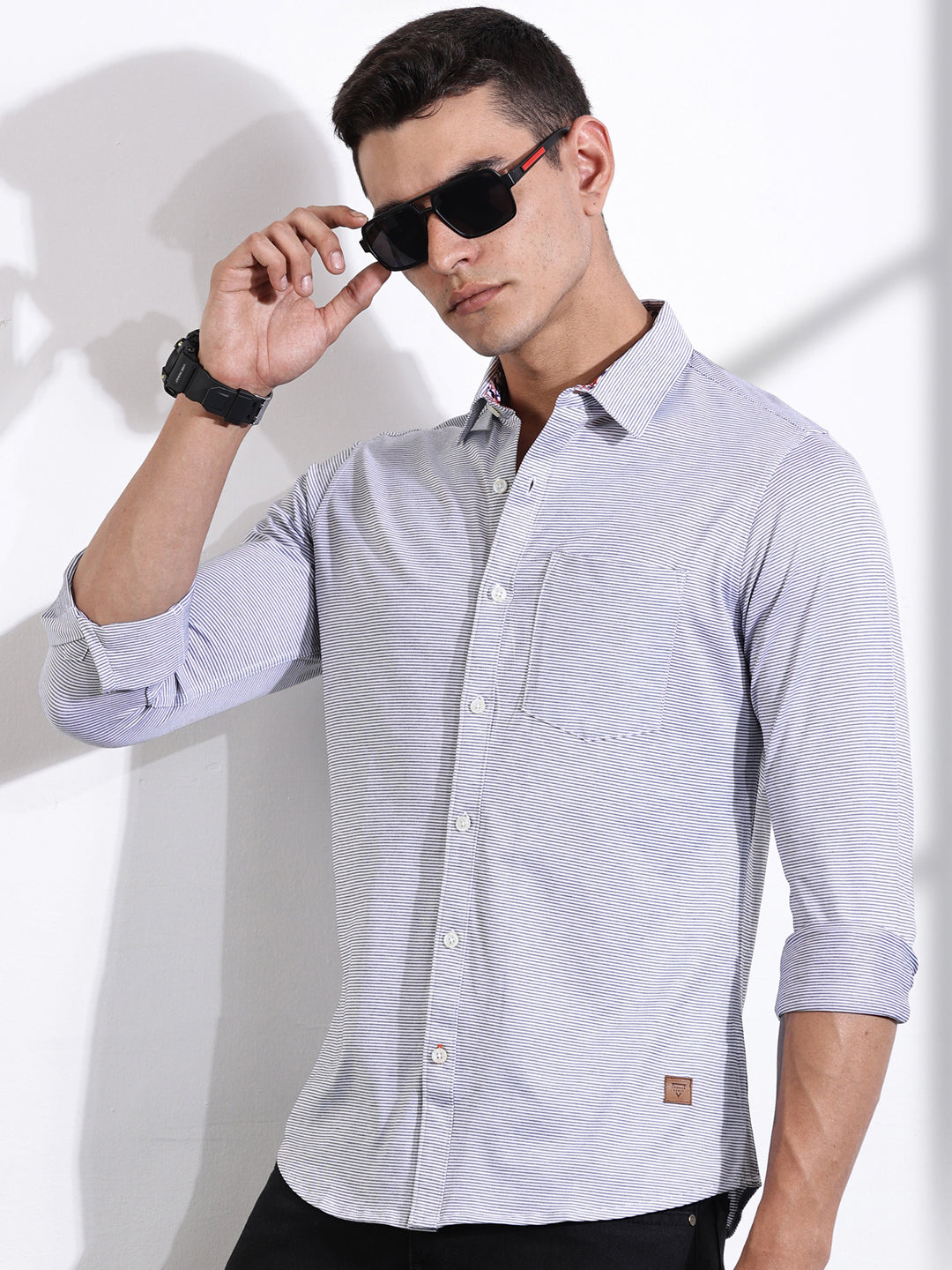 Thomas Scott Men Black Slim Fit Spread Collar Horizontal Striped Cotton Knitted Shirt