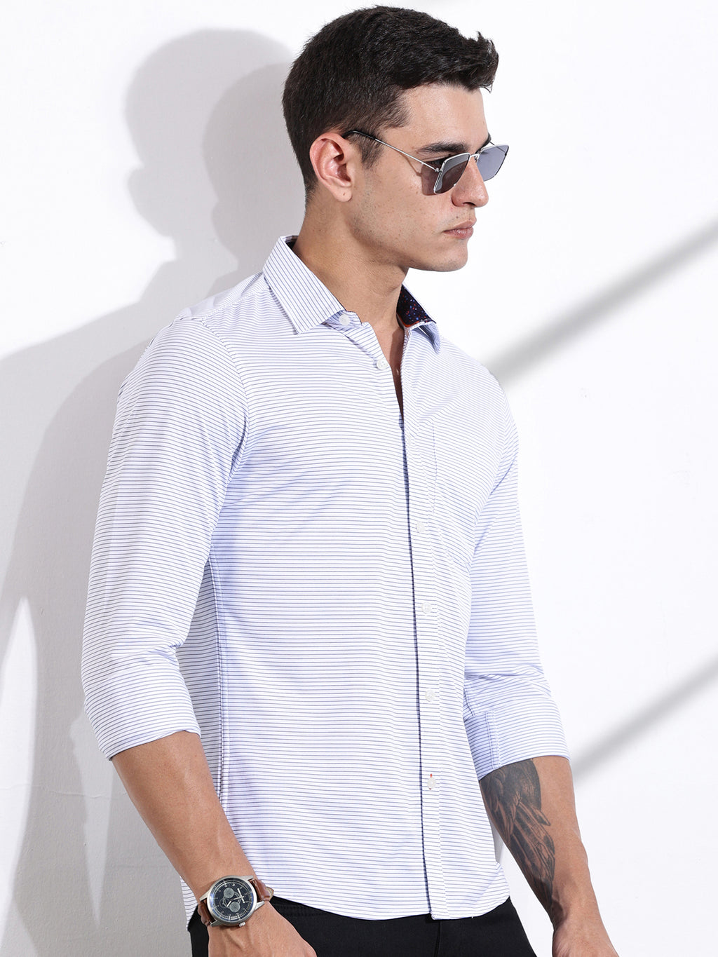 Thomas Scott Men SkyBlue Slim Fit Horizontal Stripes Cotton Knitted Shirt