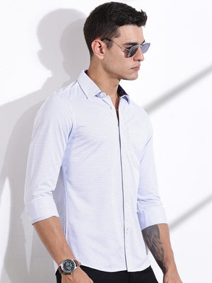 Thomas Scott Men SkyBlue Slim Fit Horizontal Stripes Cotton Knitted Shirt