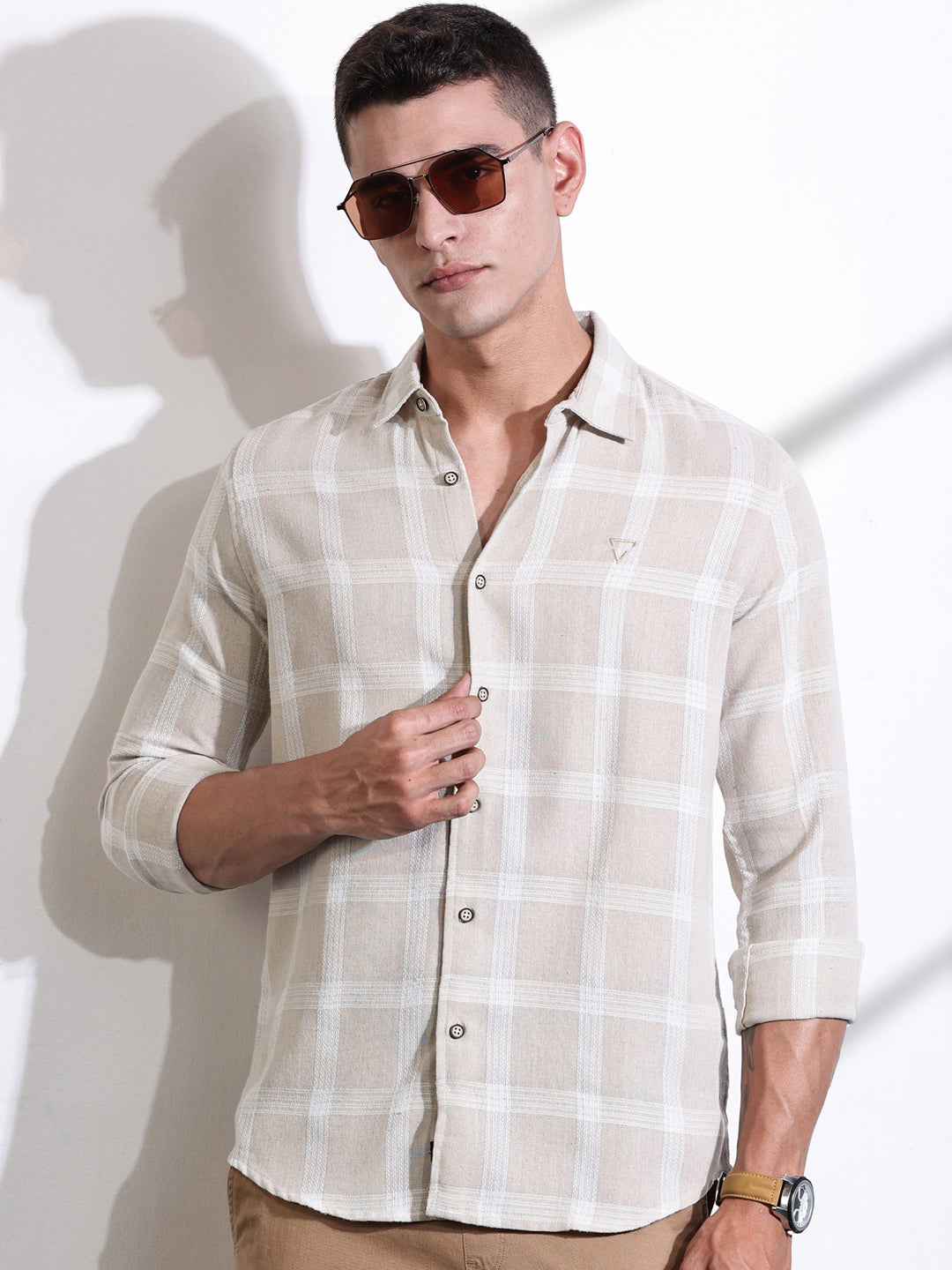 Beige Slim Fit Windowpane Checked Cotton Casual Shirt