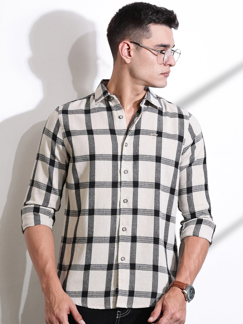 Black Slim Fit Windowpane Checked Cotton Casual Shirt