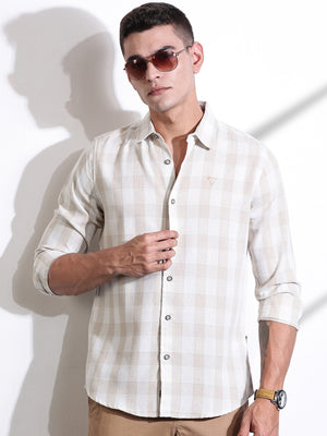 Thomas Scott Men Beige Slim Fit Windowpane Checked Cotton Casual Shirt