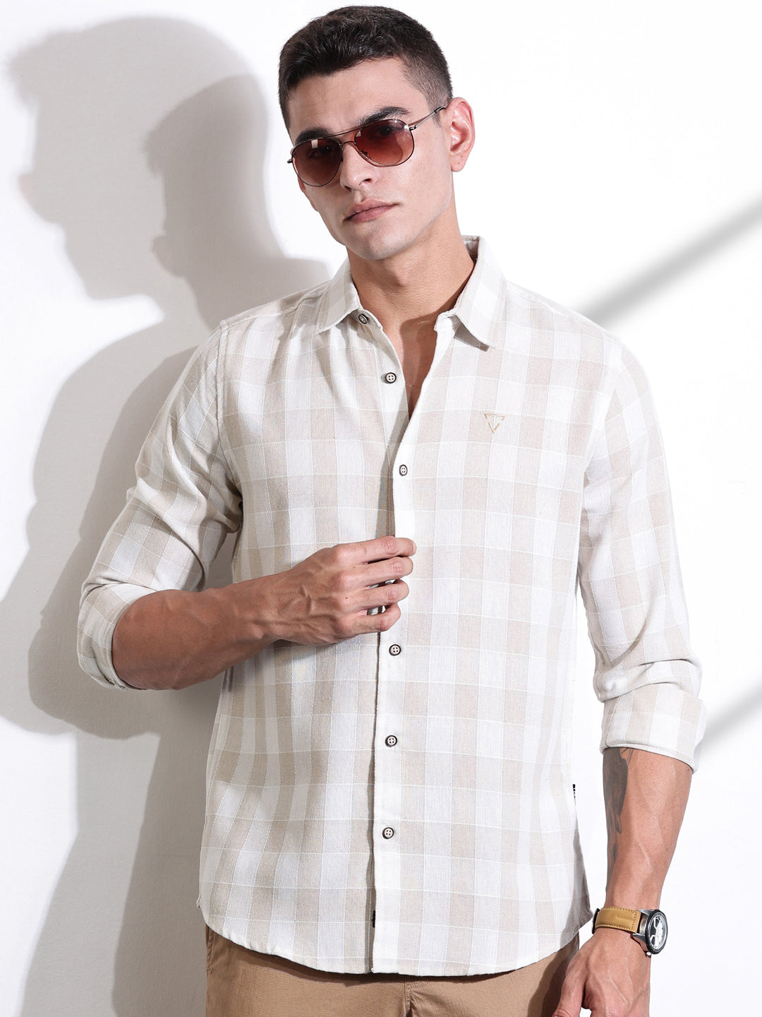 Thomas Scott Men Beige Slim Fit Windowpane Checked Cotton Casual Shirt