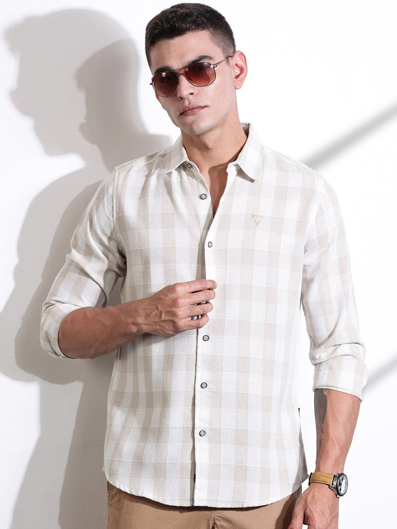 Thomas Scott Men Beige Slim Fit Windowpane Checked Cotton Casual Shirt