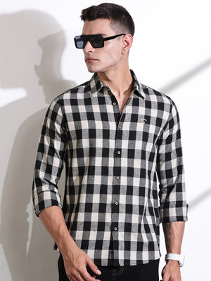 Thomas Scott Men Black Slim Fit Windowpane Checked Cotton Casual Shirt