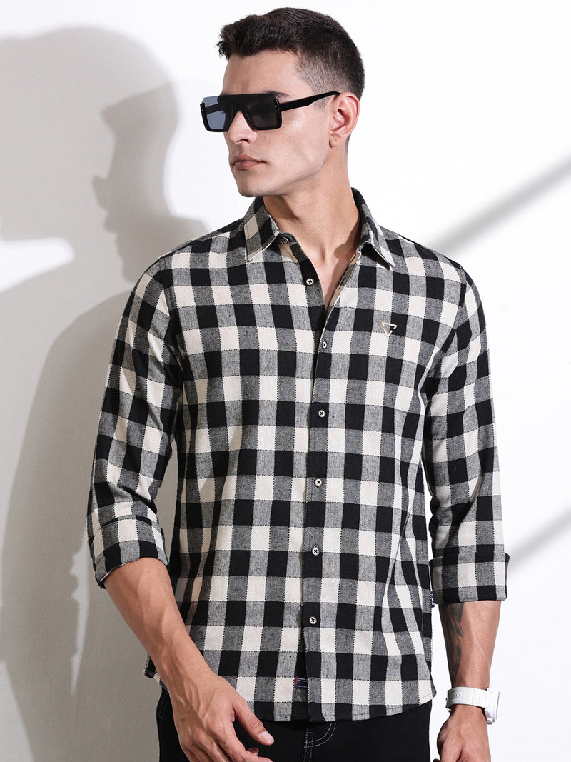 Thomas Scott Men Black Slim Fit Windowpane Checked Cotton Casual Shirt
