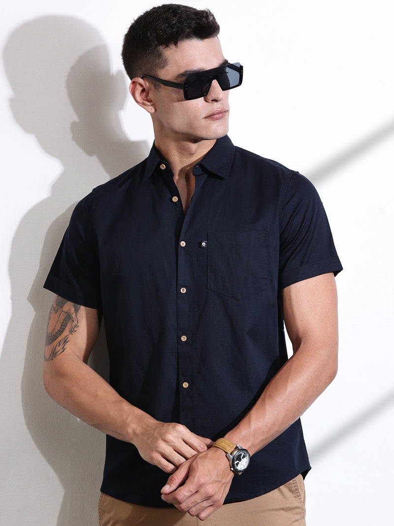 Thomas Scott Men Navy Slim Fit Solid Cotton Casual Shirt