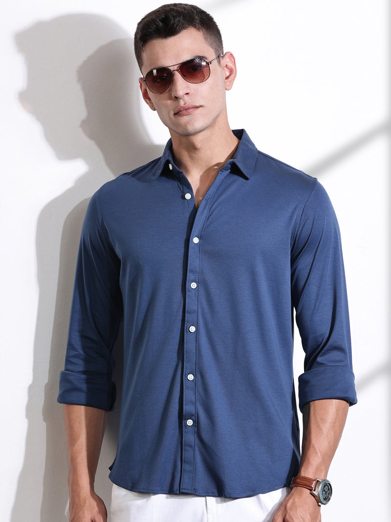 Thomas Scott Men Medium Blue Spread Collar Slim Fit Long Sleeves Solid Knitted Shirt