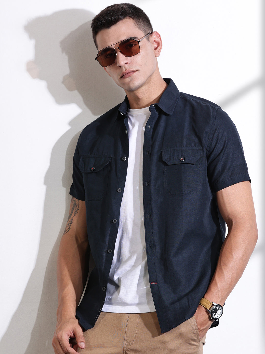 Thomas Scott Men Navy Slim Fit Solid Linen Casual Shirt
