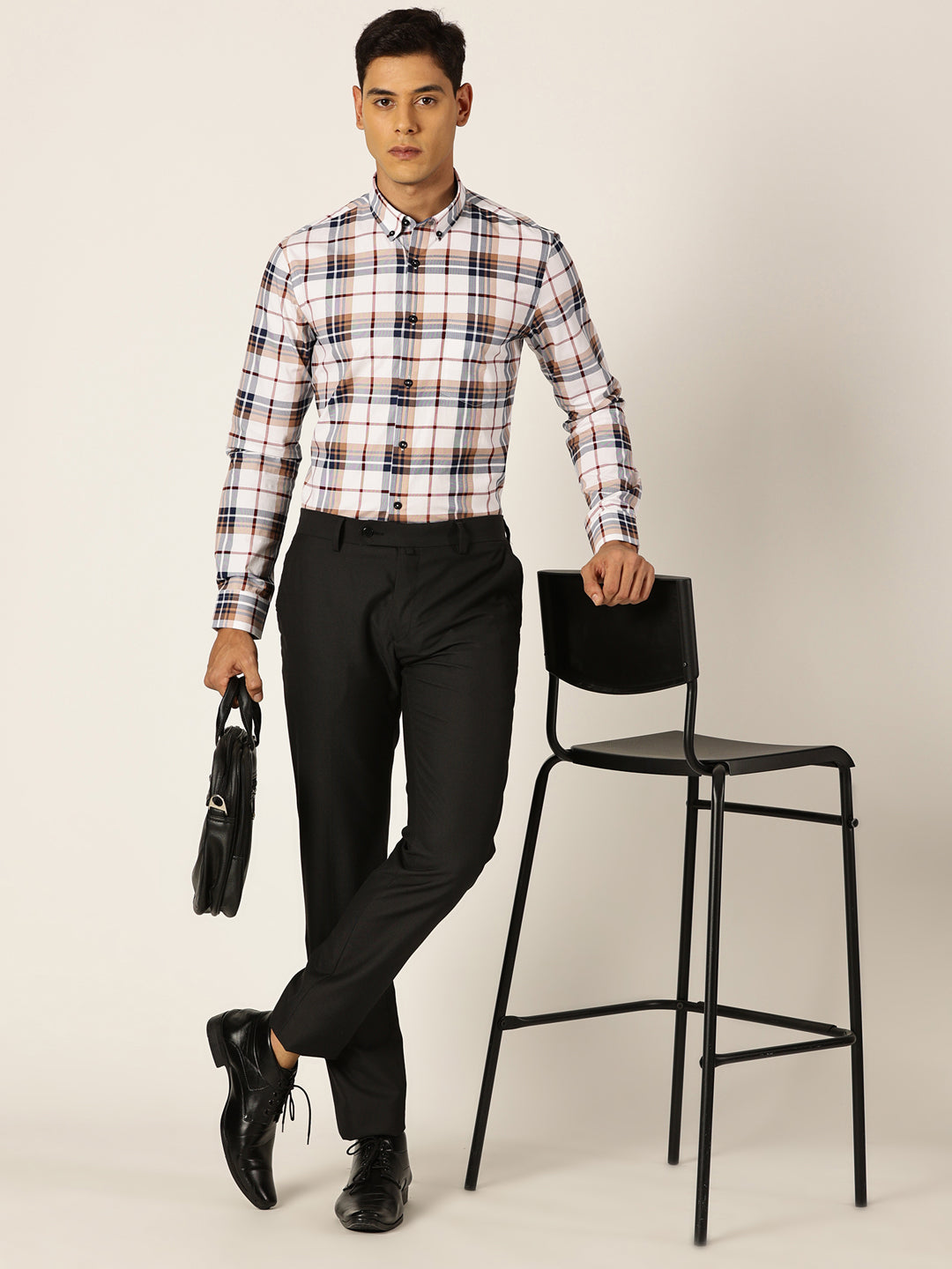 Thomas Scott Men White Slim Fit Windowpane Checked Cotton Formal Shirt