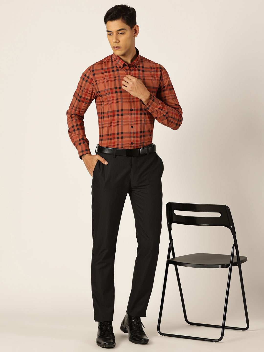 Thomas Scott Men Red Slim Fit Windowpane Checked Cotton Formal Shirt