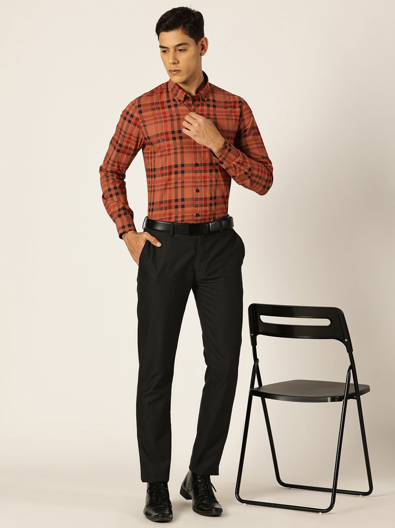 Thomas Scott Men Red Slim Fit Windowpane Checked Cotton Formal Shirt