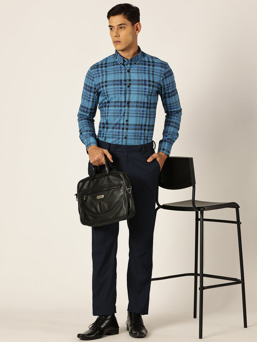Thomas Scott Men NavyBlue Slim Fit Windowpane Checked Cotton Formal Shirt