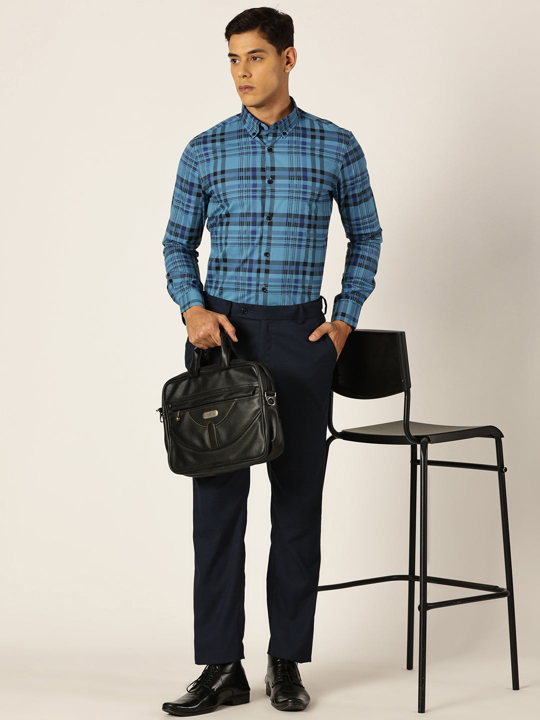 Thomas Scott Men NavyBlue Slim Fit Windowpane Checked Cotton Formal Shirt