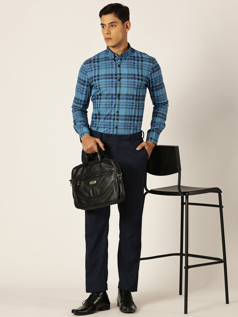 Thomas Scott Men NavyBlue Slim Fit Windowpane Checked Cotton Formal Shirt