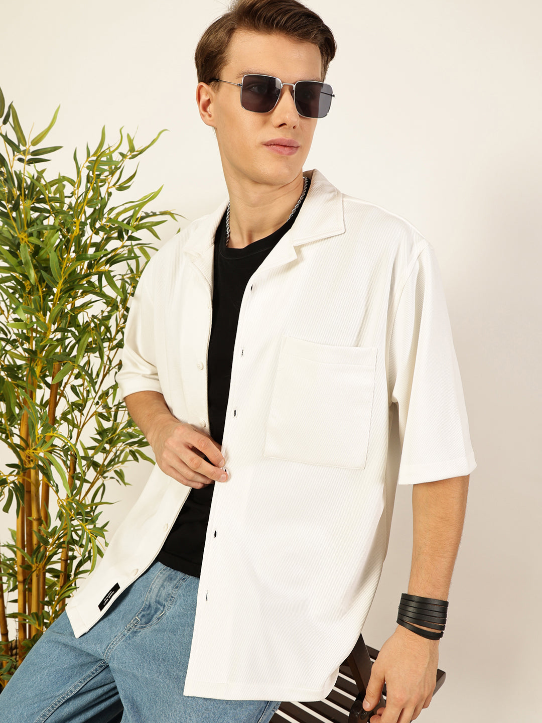 White Oversized Textured Twill Casual Shirt