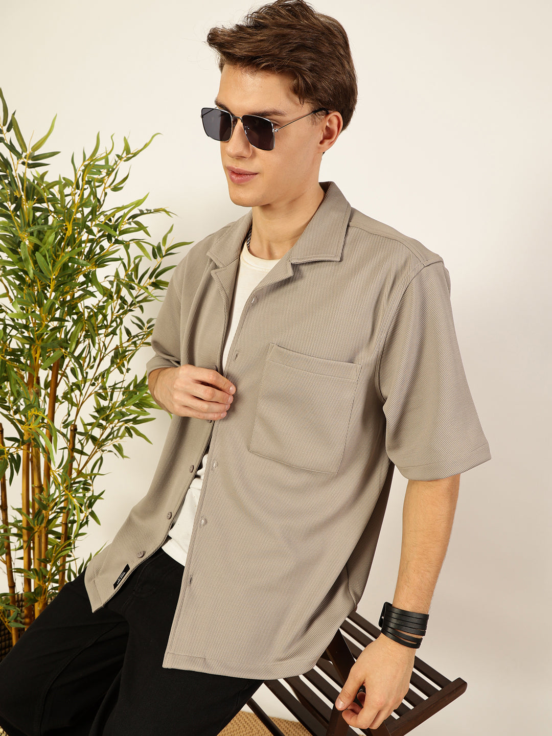 LightGrey Oversized Textured Twill Casual Shirt