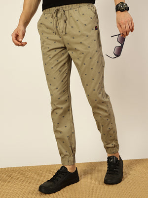 Beige Printed Smart Slim Fit Easy Wash Joggers For Men