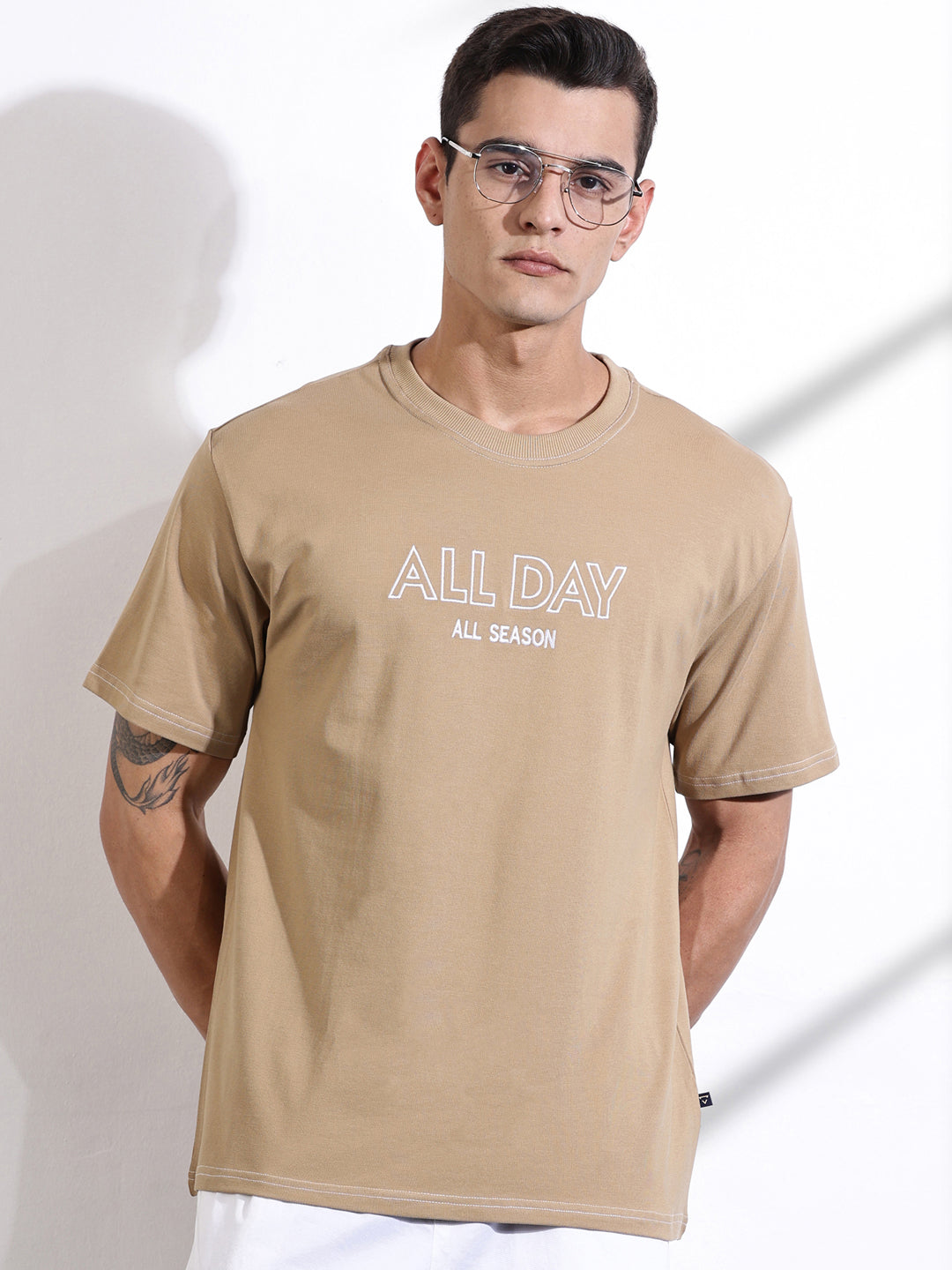 Thomas Scott Men Beige Oversized Typography Print Knit Tshirt