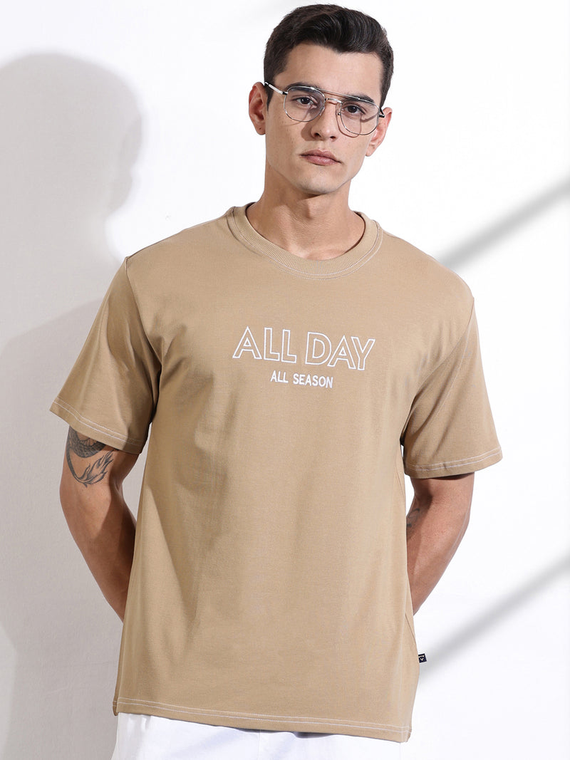 Thomas Scott Men Beige Oversized Typography Print Knit Tshirt