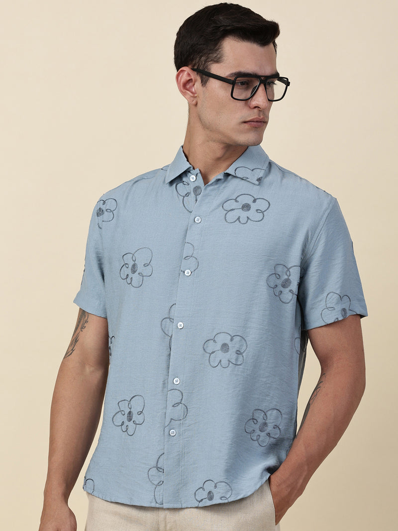 Thomas Scott Men Blue Regular Fit Short Sleeves Cuban Collar Embroidered Shirt