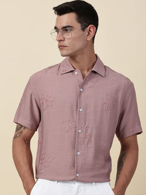 Thomas Scott Men Pink Regular Fit Short Sleeves Cuban Collar Embroidered Shirt