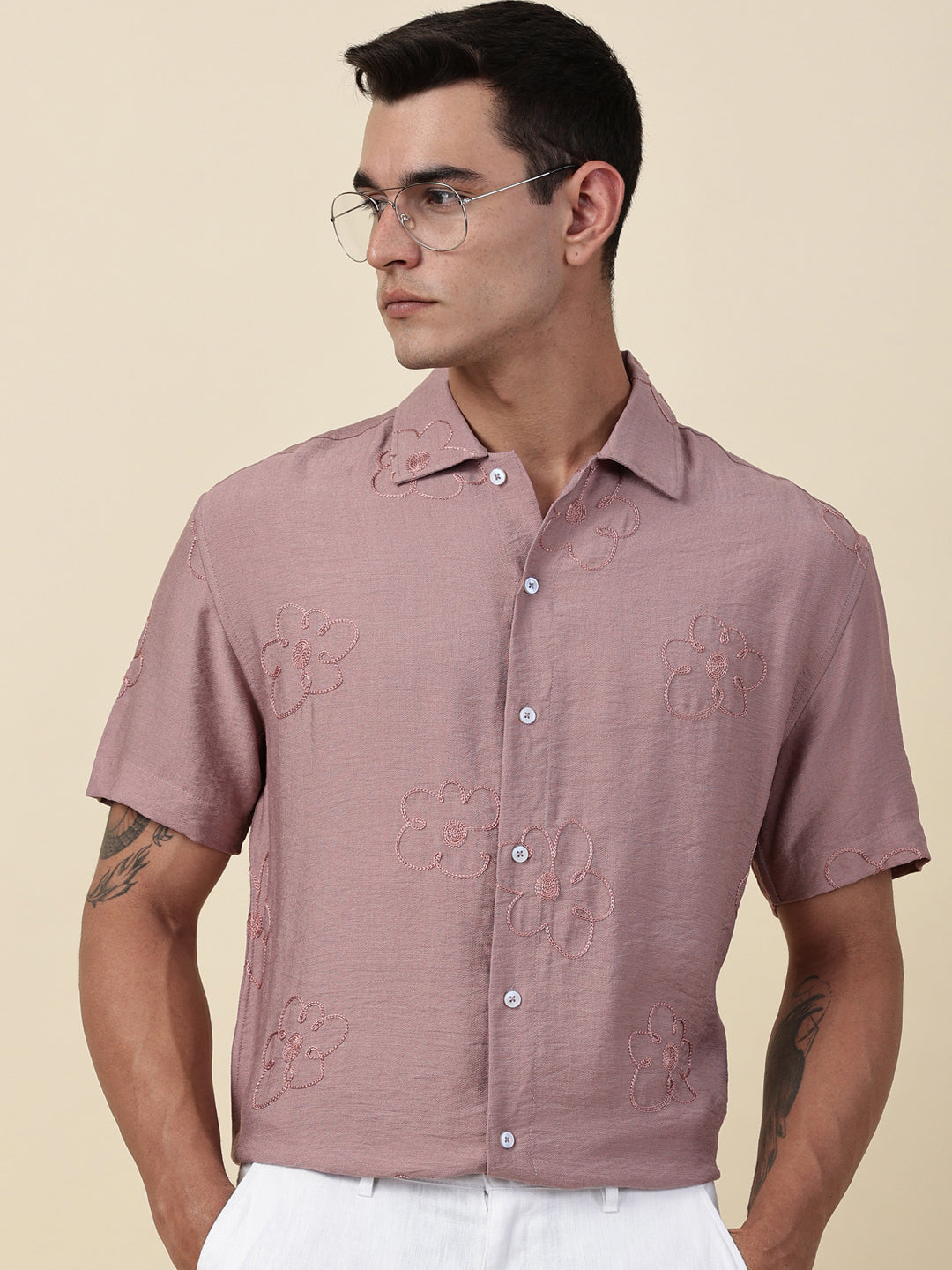 Thomas Scott Men Pink Regular Fit Short Sleeves Cuban Collar Embroidered Shirt