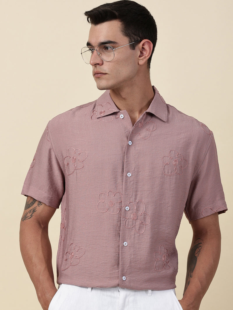 Thomas Scott Men Pink Regular Fit Short Sleeves Cuban Collar Embroidered Shirt