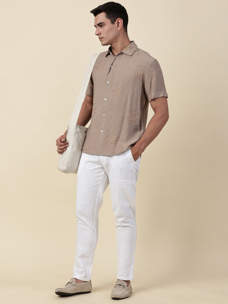 Thomas Scott Men Beige Regular Fit Short Sleeves Cuban Collar Embroidered Shirt