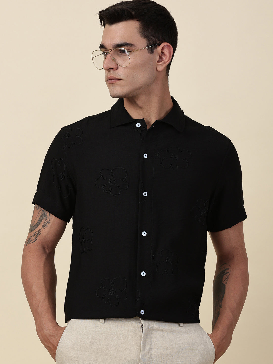 Thomas Scott Men Black Regular Fit Short Sleeves Cuban Collar Embroidered Shirt