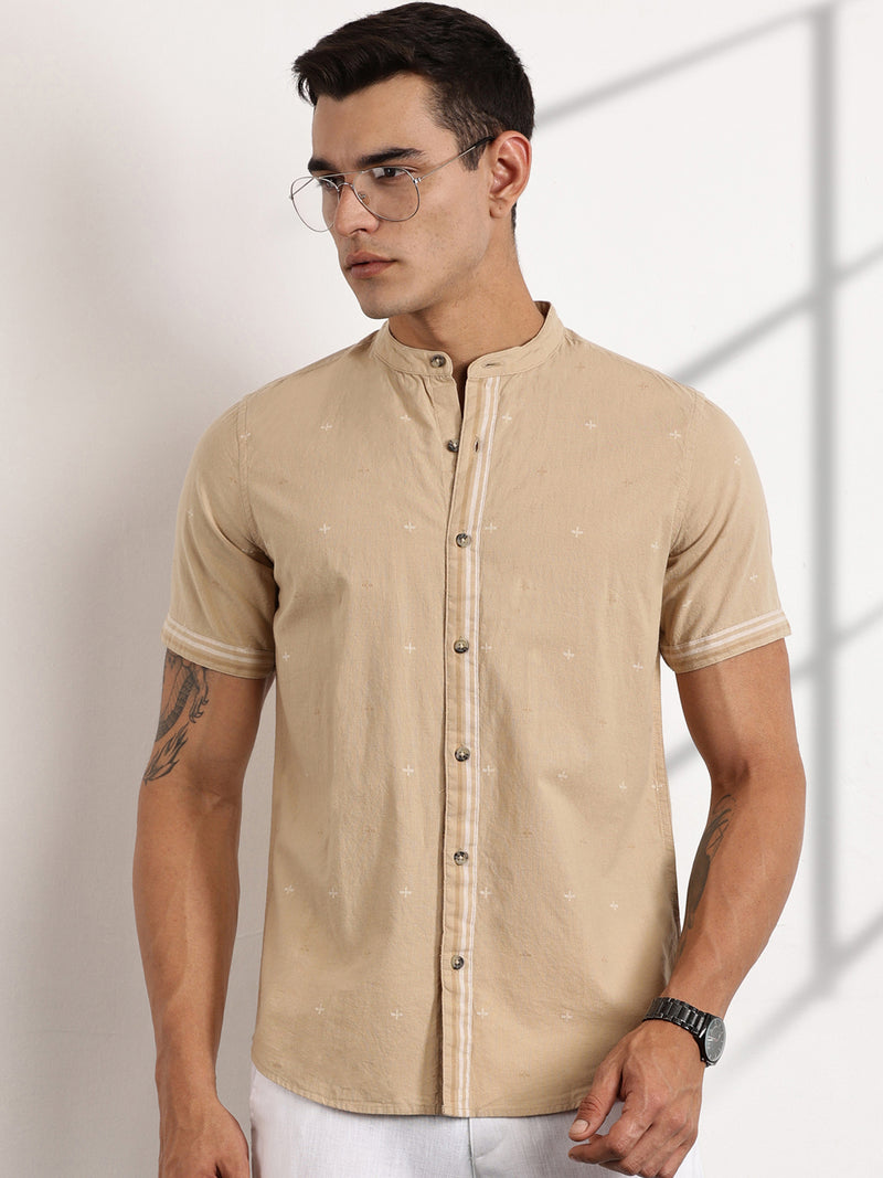 Thomas Scott Men Beige Slim Fit Short Sleeve Mandarin Collar Cotton Casual Shirt