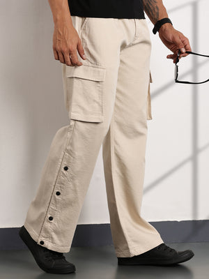 Thomas Scott Men Cream Mid-Rise Relaxed Fit Woven Cargo Trousers