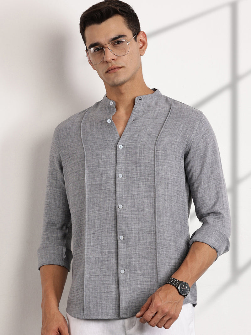 Thomas Scott Men Grey Slim Fit Mandarin Collar Long Sleeves Casual Shirt