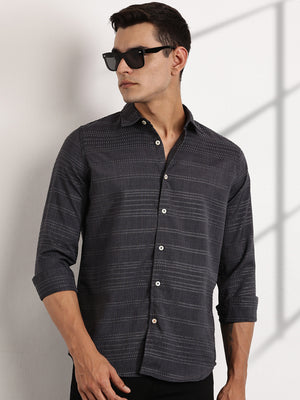 Thomas Scott Men Grey Slim Fit Cutaway Collar Long Sleeves Self Design Casual Shirt