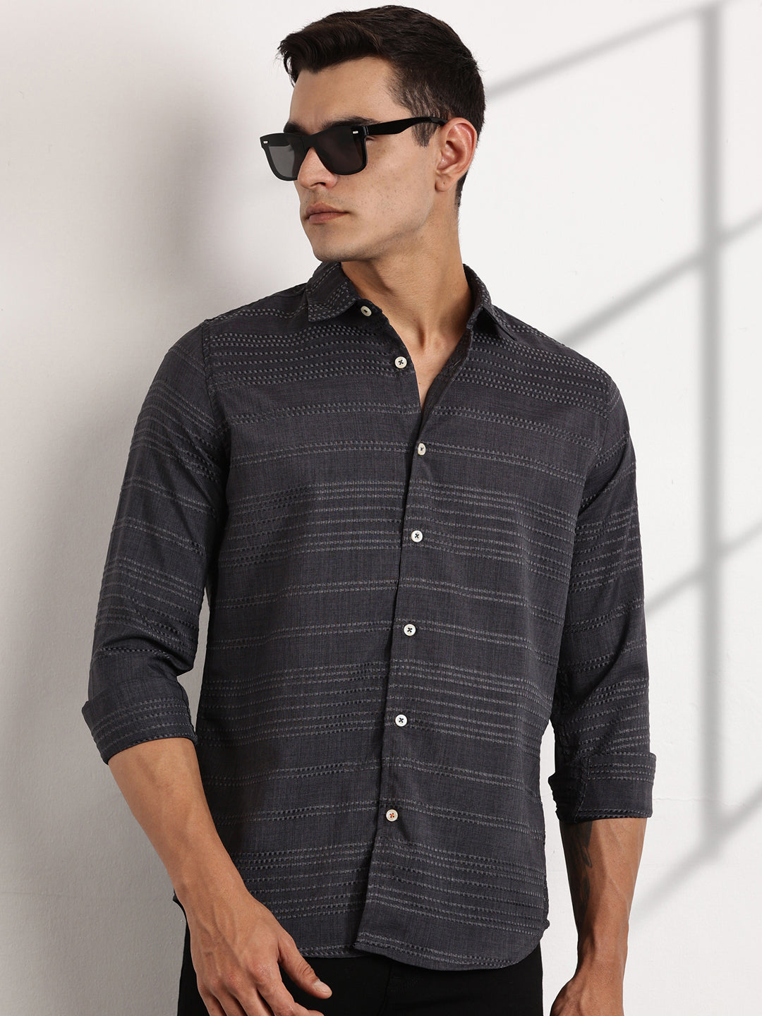 Thomas Scott Men Grey Slim Fit Cutaway Collar Long Sleeves Self Design Casual Shirt