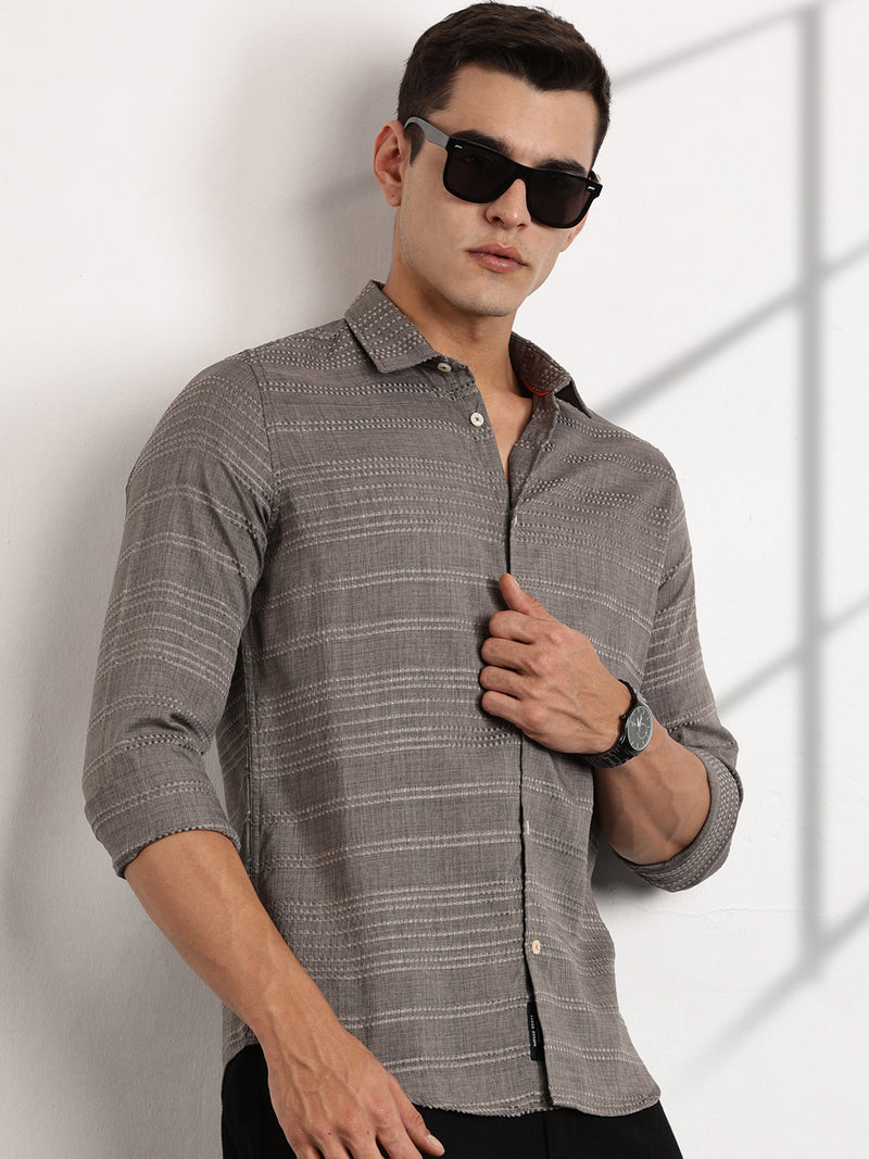 Thomas Scott Men Grey Slim Fit Cutaway Collar Long Sleeves Self Design Casual Shirt