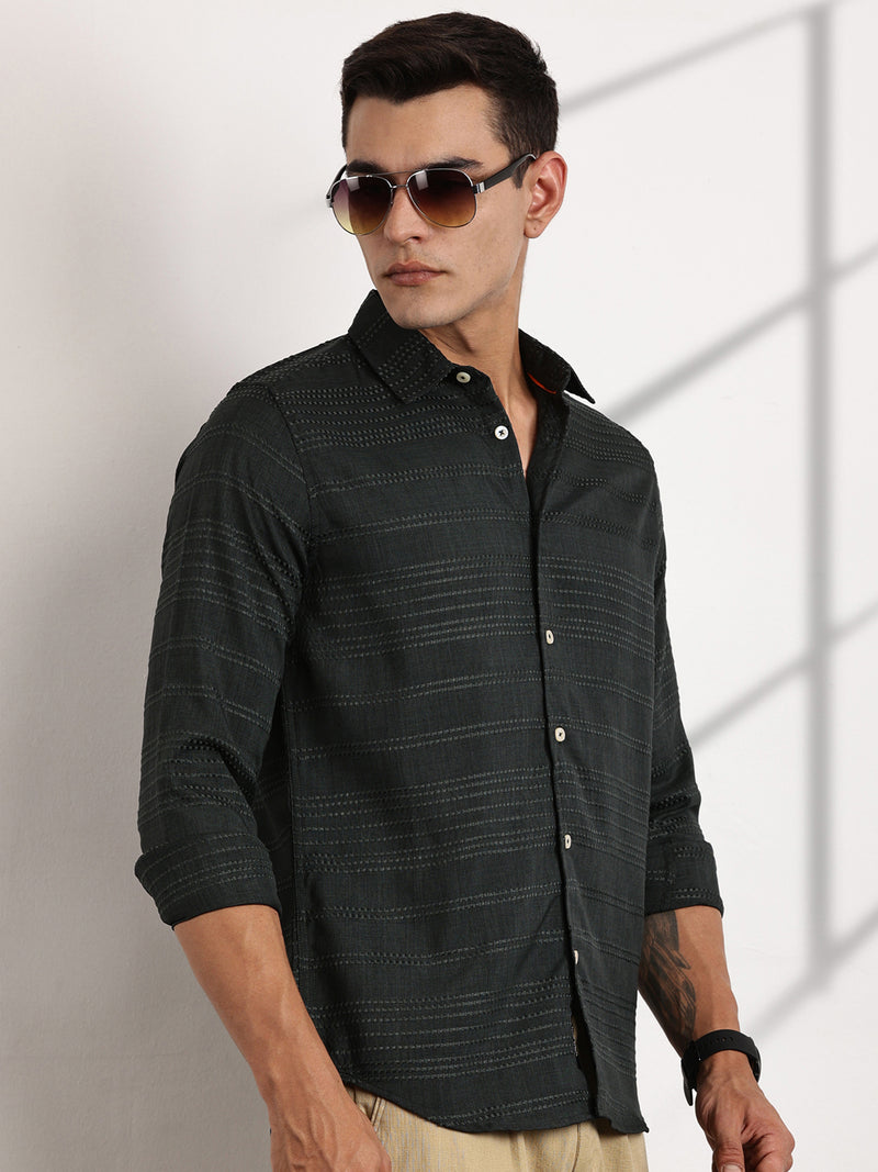 Thomas Scott Men Olive Slim Fit Cutaway Collar Long Sleeves Self Design Casual Shirt