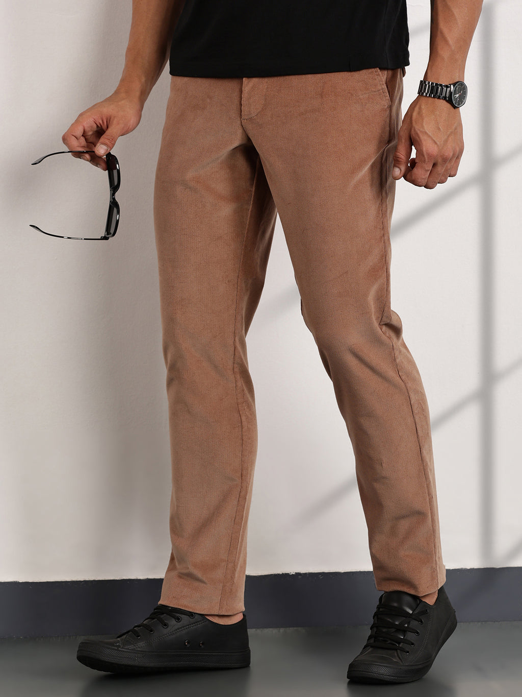 Thomas Scott Men Rust Mid-Rise Slim Fit Corduroy Chinos Trousers