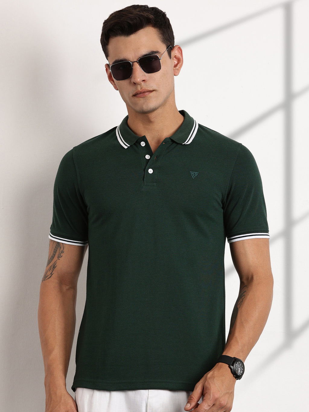 Thomas Scott Men BottleGreen Regular Fit Short Sleeves Polo Collar Knit Tshirt