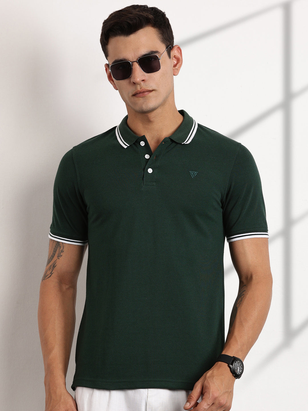 Thomas Scott Men BottleGreen Regular Fit Short Sleeves Polo Collar Knit Tshirt