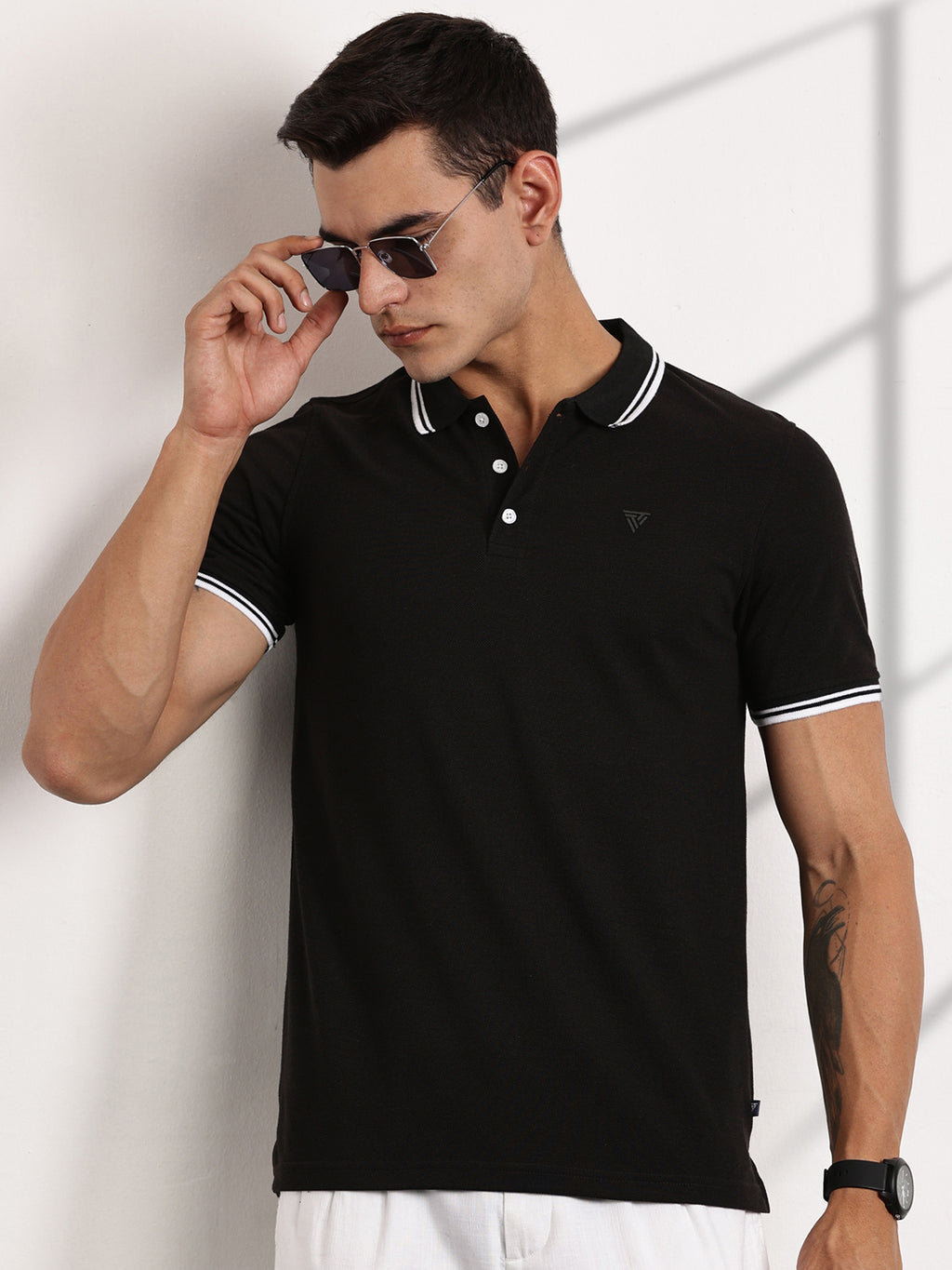 Thomas Scott Men Black Regular Fit Short Sleeves Polo Collar Knit Tshirt