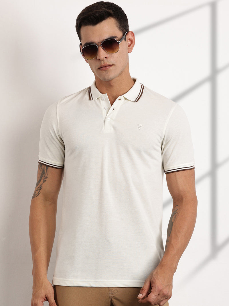 Thomas Scott Men Cream Regular Fit Short Sleeves Polo Collar Knit Tshirt