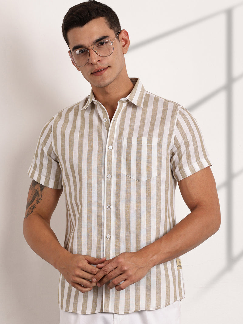 Thomas Scott Men Brown Slim Fit Short Sleeves Vertical Striped Linen Shirt
