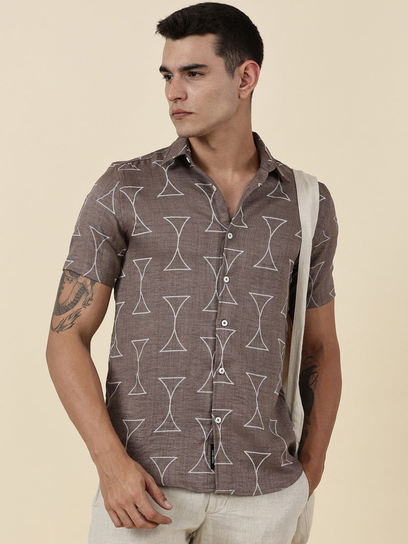 Thomas Scott Men Brown Slim Fit Short Sleeves Geometric Print Casual Shirt