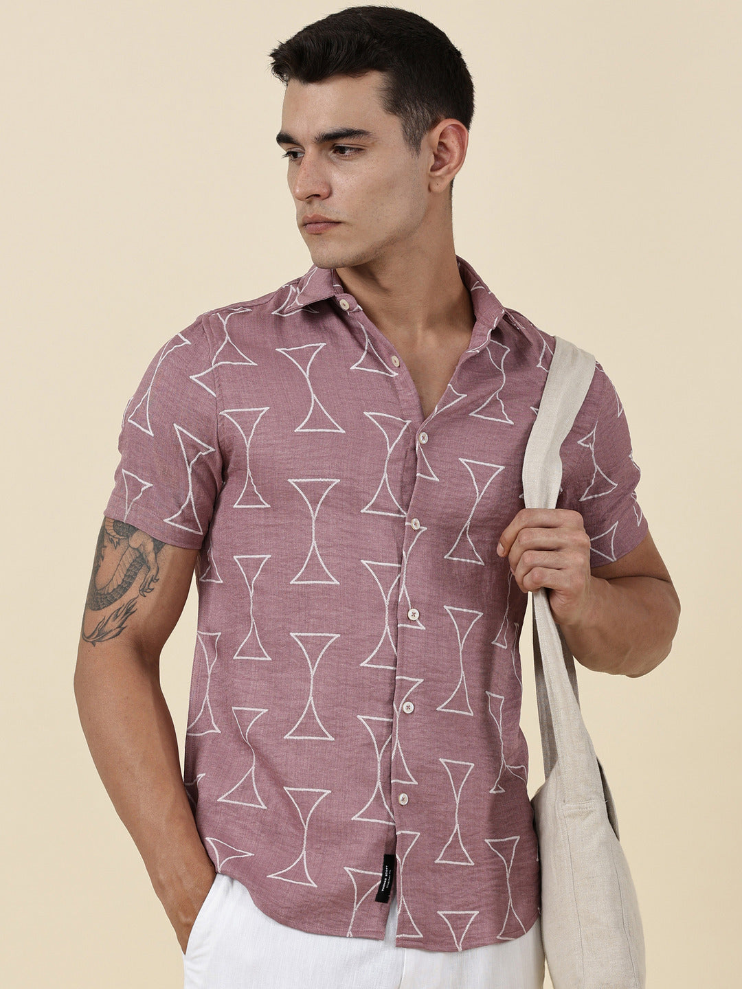 Thomas Scott Men Pink Slim Fit Short Sleeves Geometric Print Casual Shirt