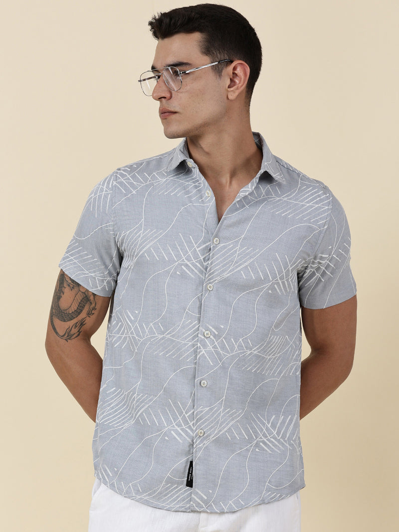 Thomas Scott Men Grey Slim Fit Short Sleeves Abstract Print Casual Shirt