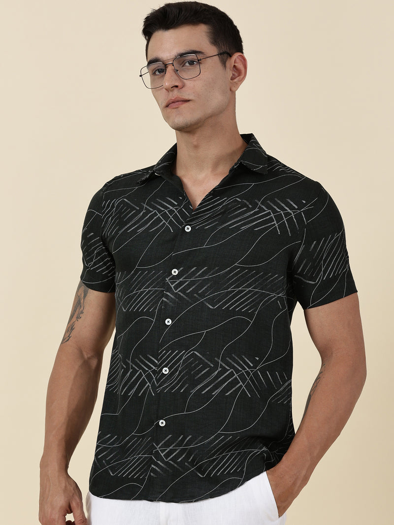 Thomas Scott Men Olive Slim Fit Short Sleeves Abstract Print Casual Shirt