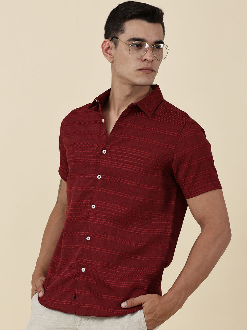 Thomas Scott Men Red Slim Fit Short Sleeves Horizontal Stripes Casual Shirt