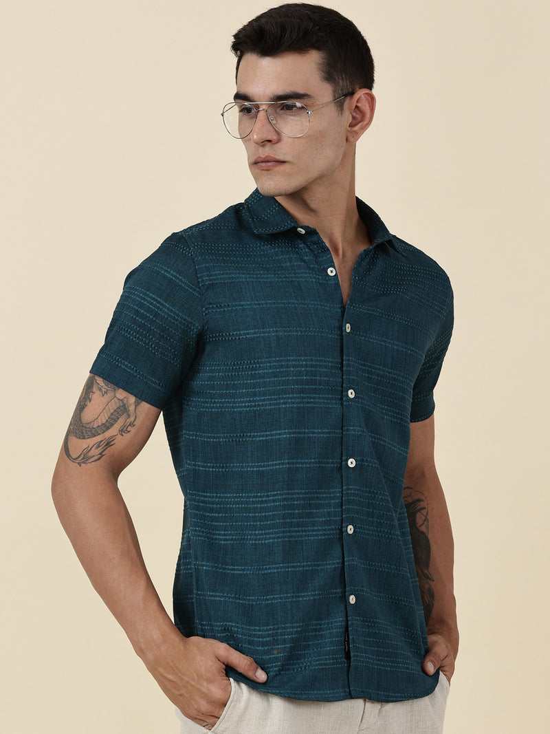 Thomas Scott Men Teal Slim Fit Short Sleeves Horizontal Stripes Casual Shirt